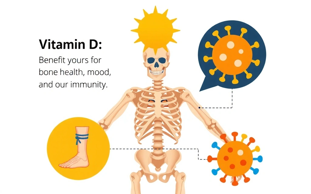 Εικονογράφηση σκελετού, ήλιου και ανοσοκυττάρων, συμβολίζοντας τα οφέλη της Βιταμίνης D