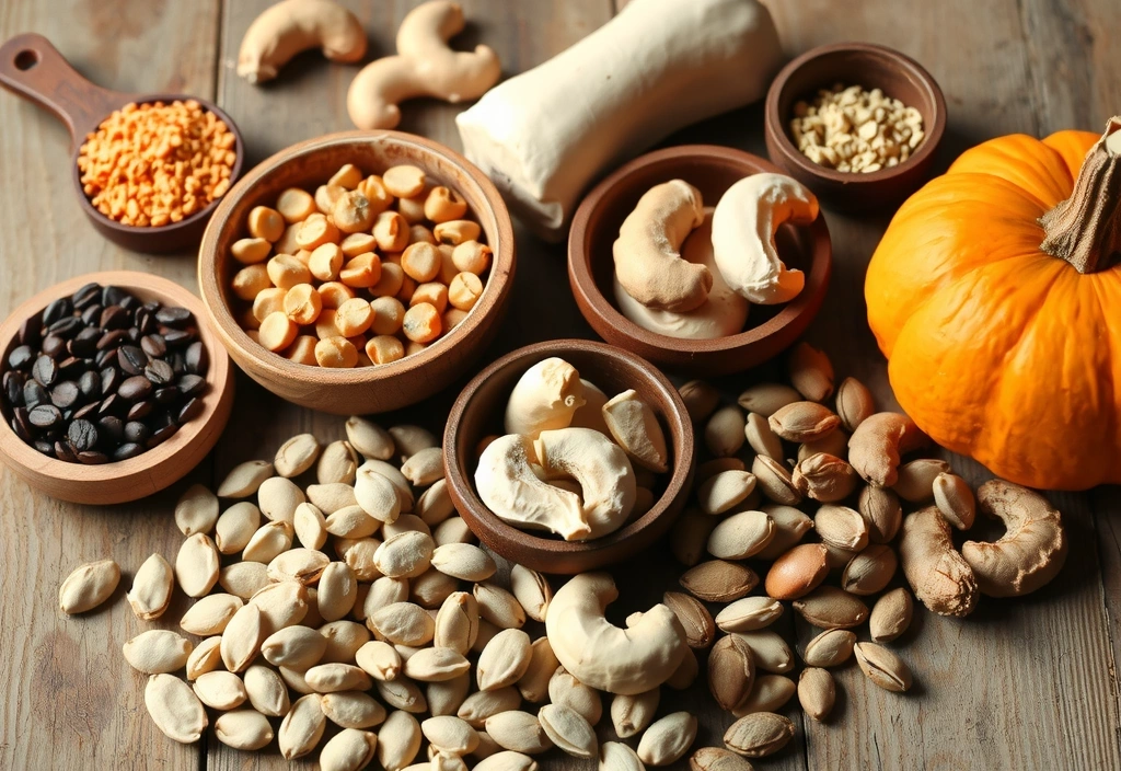 Εικόνα με τροφές πλούσιες σε ψευδάργυρο, όπως όσπρια και ξηροί καρποί.