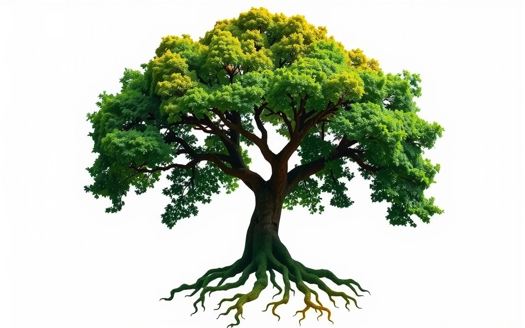 Εικόνα που απεικονίζει ένα δέντρο με ρίζες που σχηματίζουν ένα ανθρώπινο σώμα, συμβολίζοντας την ολιστική σύνδεση σώματος, νου και φύσης.