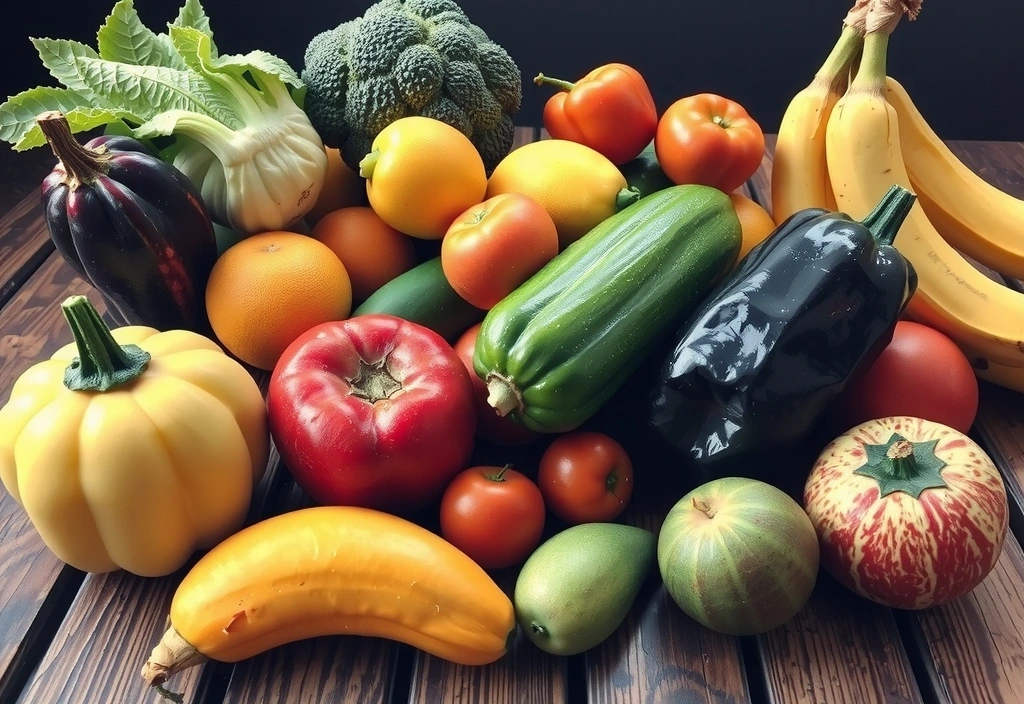 Φρέσκα φρούτα και λαχανικά σε ξύλινο τραπέζι, σύμβολο υγιεινής διατροφής